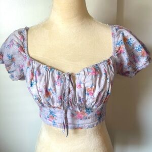 Altar’d State Floral Peasant Crop Top Puff Sleeve Lilac Small Tie Back